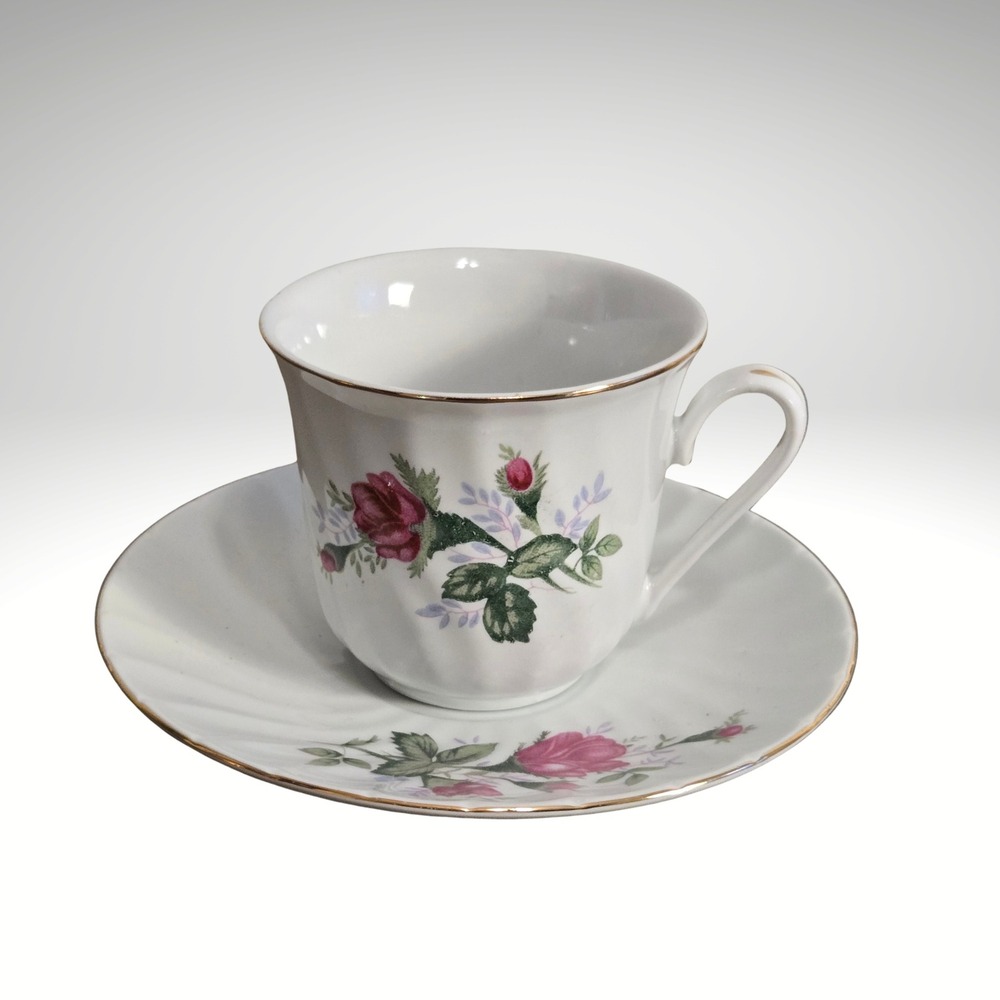 Vintage cottagecore MCM 60s Porcelain Teacup and‎ Saucer Set Pink Rose Gold Rim